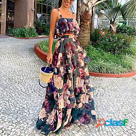 Womens Basic Boho Floral Holiday Vacation Two Piece Set