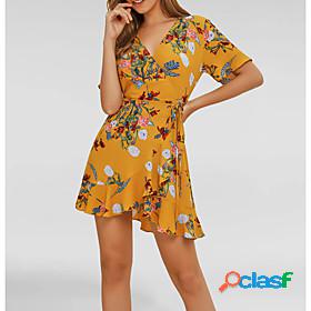 Womens Basic Sheath Dress - Floral Ruffle Patchwork Print