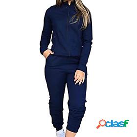 Womens Basic Solid Color Two Piece Set Stand Collar Pant