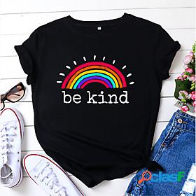 Women's Be kind T shirt Rainbow Print Round Neck Basic Tops