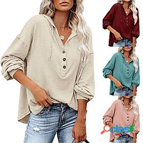 Womens Blouse Drawstring Hooded Basic Plain Hooded Spring