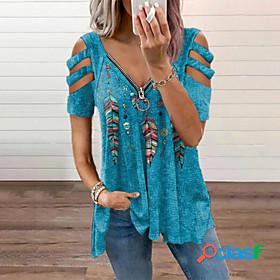 Womens Blouse Eyelet top Shirt Color Block Tie Dye Feather V
