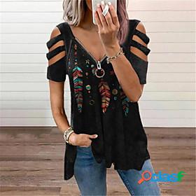 Womens Blouse Eyelet top Shirt Graphic Feather V Neck Cut