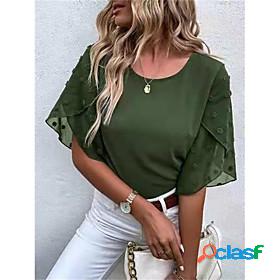 Womens Blouse Plain Round Neck Patchwork Casual Tops Green
