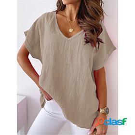 Womens Blouse Plain V Neck Tops Blue Khaki White