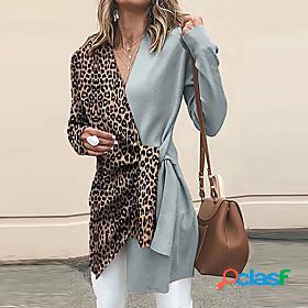 Women's Blouse Shirt Color Block Leopard V Neck Lace up