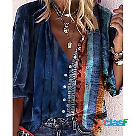 Womens Blouse Shirt Color Block Long Sleeve Patchwork Print