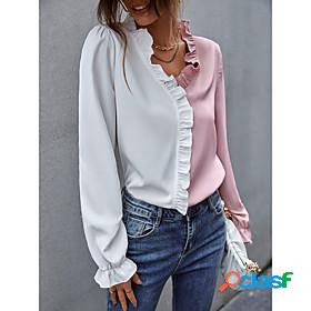 Womens Blouse Shirt Color Block V Neck Ruffle Patchwork