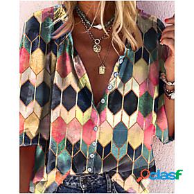 Womens Blouse Shirt Floral Plaid Color Block Round Neck