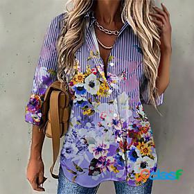 Womens Blouse Shirt Floral Striped Shirt Collar Button Print