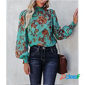 Womens Blouse Shirt Floral Theme Floral High Neck Print