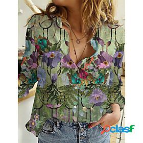 Womens Blouse Shirt Floral Theme Geometric Long Sleeve