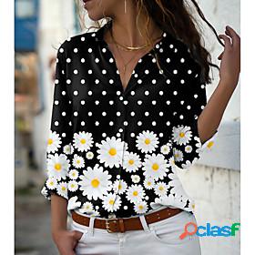 Womens Blouse Shirt Floral Theme Polka Dot Flower Daisy