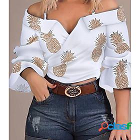 Womens Blouse Shirt Floral Theme Striped Fruit V Neck Print
