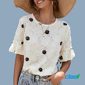 Womens Blouse Shirt Flower Round Neck Embroidered Print