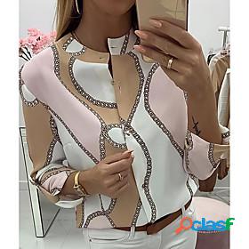 Womens Blouse Shirt Geometric Round Neck Tops Pink