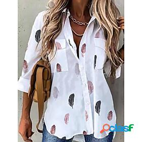 Womens Blouse Shirt Graphic Feather Shirt Collar Pocket