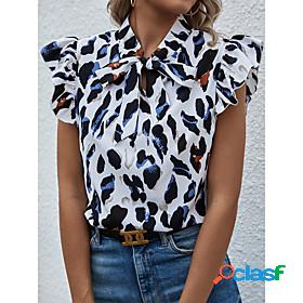 Womens Blouse Shirt Leopard Standing Collar Lace up Print
