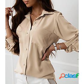 Womens Blouse Shirt Plain Shirt Collar Pocket Button Casual