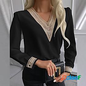 Womens Blouse Shirt Plain V Neck Lace Trims Casual