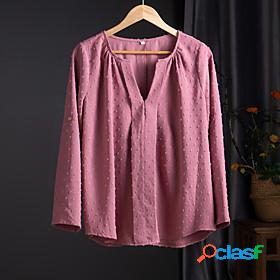 Womens Blouse Shirt Polka Dot V Neck Casual Tops Pink