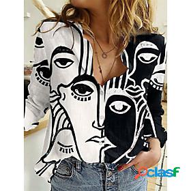 Womens Blouse Shirt Portrait Long Sleeve Color Block