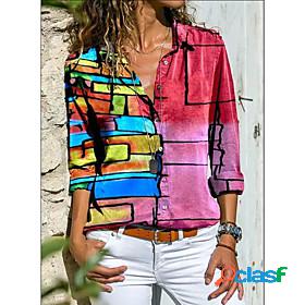 Womens Blouse Shirt Rainbow Color Gradient Color Block Long