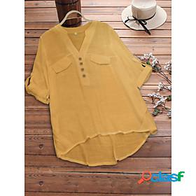 Womens Blouse Shirt Solid Colored Button V Neck Basic Tops