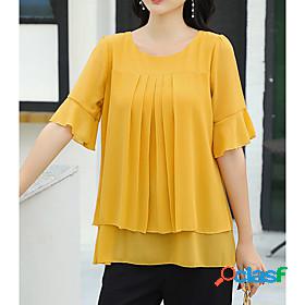 Womens Blouse Shirt Solid Colored Layered Ruffle Round Neck