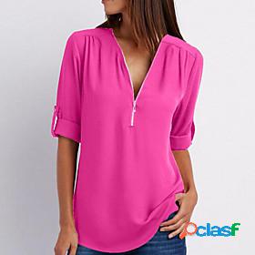 Women's Blouse Shirt Solid Colored Zipper Quarter Zip V Neck