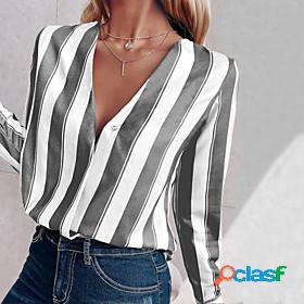 Womens Blouse Shirt Striped V Neck Button Casual Streetwear