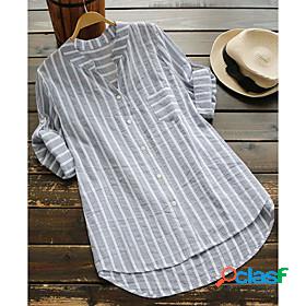 Womens Blouse Shirt Striped V Neck Pocket Print Casual Tops