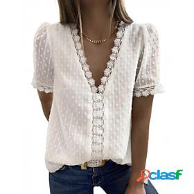 Womens Blouse Shirt V Neck See Through Lace Trims Basic Tops