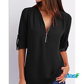 Womens Blouse Shirt Zipper Basic Daily Plain T-shirt Sleeve