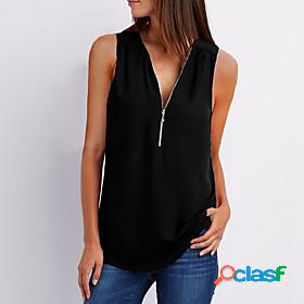 Womens Blouse Tank Top Solid Colored V Neck Quarter Zip