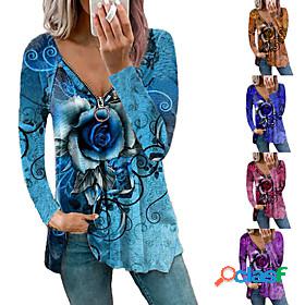 Womens Blouse Zipper Print Classic Multi Color Y Neck Spring