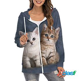 Womens Cat 3D Animal Hoodie Zip Up Hoodie Sweatshirt Zipper