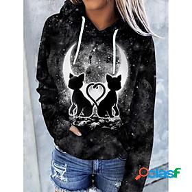 Womens Cat Moon Hoodie Sweatshirt Front Pocket Print 3D