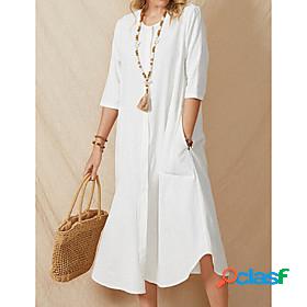 Womens Cotton Linen Dress Maxi long Dress White Half Sleeve