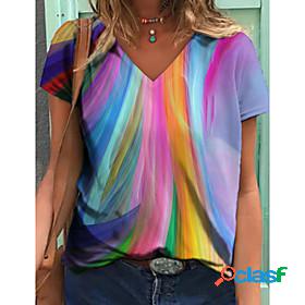 Women's Floral Theme Abstract Painting T shirt Rainbow