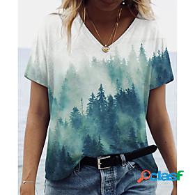 Womens Floral Theme Painting T shirt Plants Scenery Print V