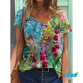 Women's Floral Theme T shirt Floral Flower Print V Neck Tops