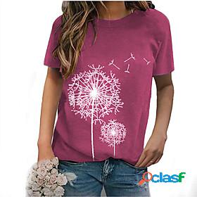 Womens Floral Theme T shirt Floral Print Round Neck Tops