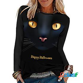 Womens Halloween T shirt 3D Cat Painting Long Sleeve Cat 3D