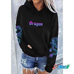Womens Hoodie Pullover Dragon Graphic Text Front Pocket
