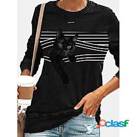 Womens Hoodie Sweatshirt Striped Cat Graphic Daily Casual
