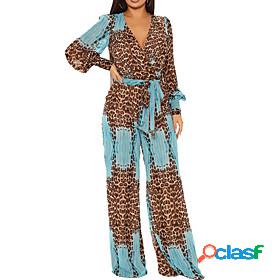 Womens Jumpsuit Leopard Lace up Casual V Neck Street