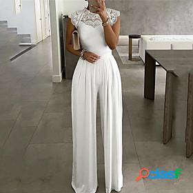 Womens Jumpsuit Solid Color Embroidered Lace Elegant Crew