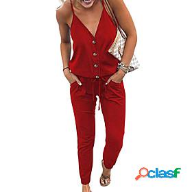 Womens Jumpsuit Solid Color Lace up Casual Deep V Casual