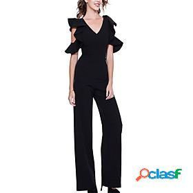 Womens Jumpsuit Solid Colored Ruffle Cut Out Casual V Neck